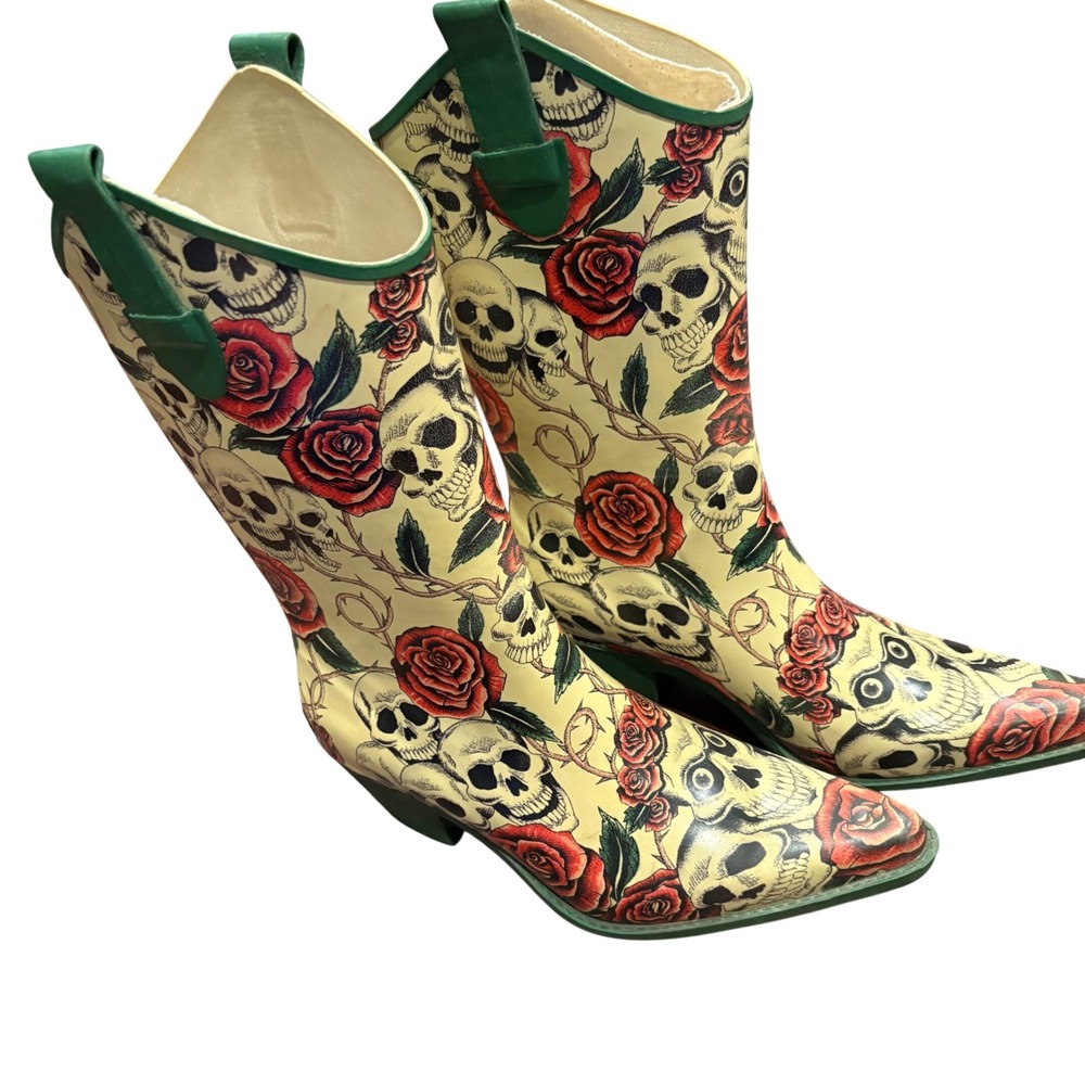Corkys Nomad Yippy Skull Rose Western Cowboy Rain Boots Green Block Heel Size 8